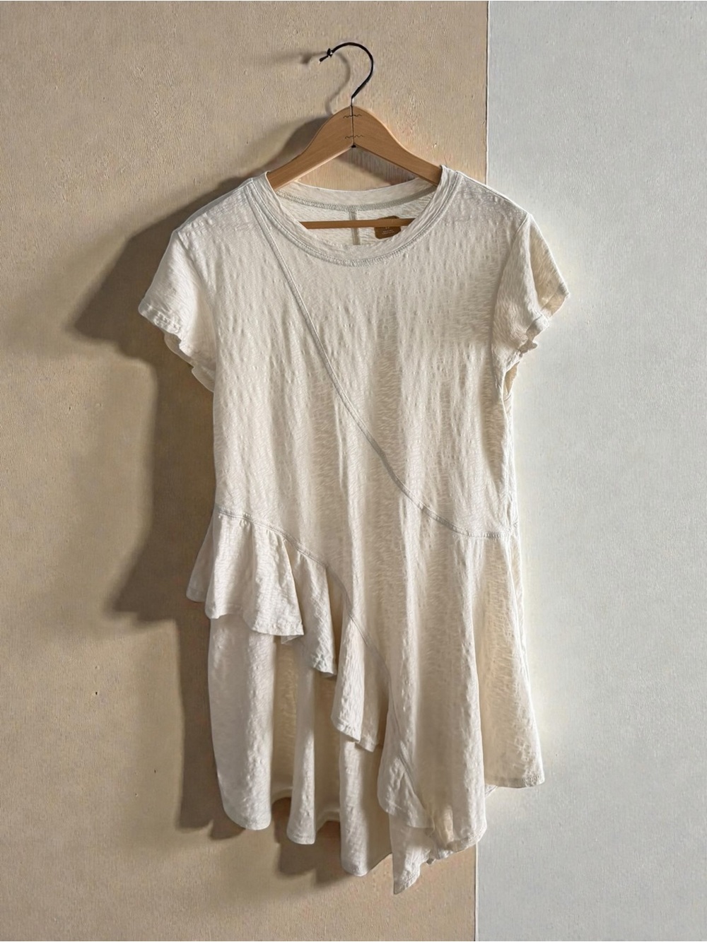 Free People Cream Asymmetrical Ruffle Short Sleeve Top
